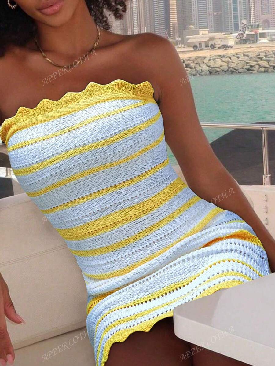 Apperloth A Abito midi Apperloth Boho, senza spalline, attillato, sexy, con aperture, in colore giallo e bianco, in tessuto jacquard a onde con pizzo