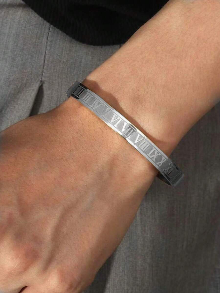 1 pieza Brazalete de acero inoxidable con números romanos de moda para hombre (abierto)