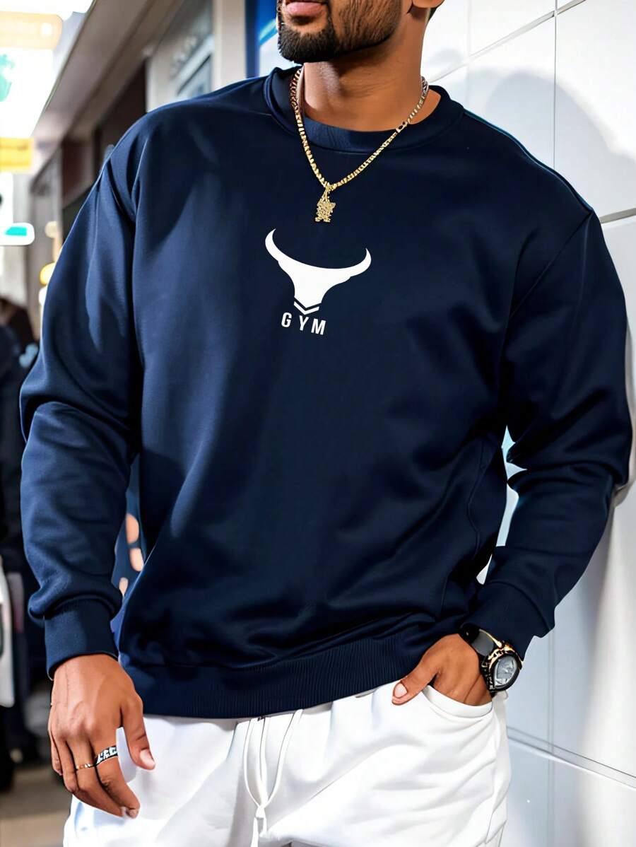 Men's New Spring/Autumn Casual Sweatshirt, Simple Small GYM Logo, Bull-Muscle Graphic Print, Suitable For Outgoing, Friends, Team, Outdoor Travel Sports Shirt, Everyday Casual Hoodie, Gym Outfit, Men's Sports Wear, Lightweight Sports Pullover, Comfortable Sports Hiking Fishing Versatile Short Sleeve Sweatshirt
