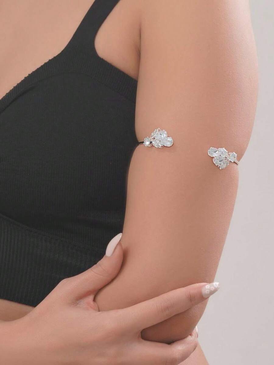 1pc Leaf Zirconia Openwork Cuff Bracelet, Fashionable Summer Accessory