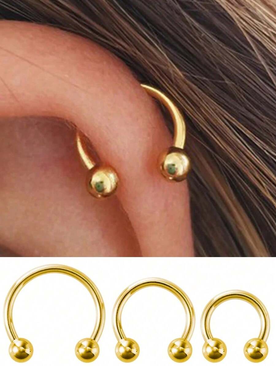 3 Pieces Of Gold Stainless Steel Earrings, Nasal Septum Ring, Gold Spiral Cartilage Puncture Gift Jewelry, Women's Body Horseshoe Ring, Inner Diameter 10mm, Suitable For Nostrils, Ear Cartilage, Earlobes, Circular False Earring Earrings, Nose Ring, Nasal Septum Ring