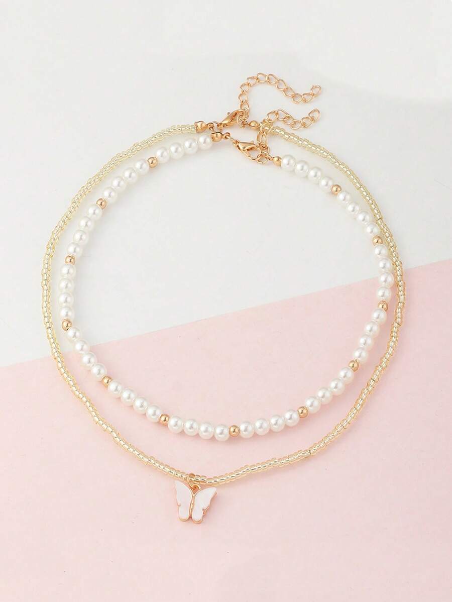 Set de 2 collares con colgante de perla y mariposa elegantes para niñas, accesorios de joyería de moda adecuados como regalo para fiestas