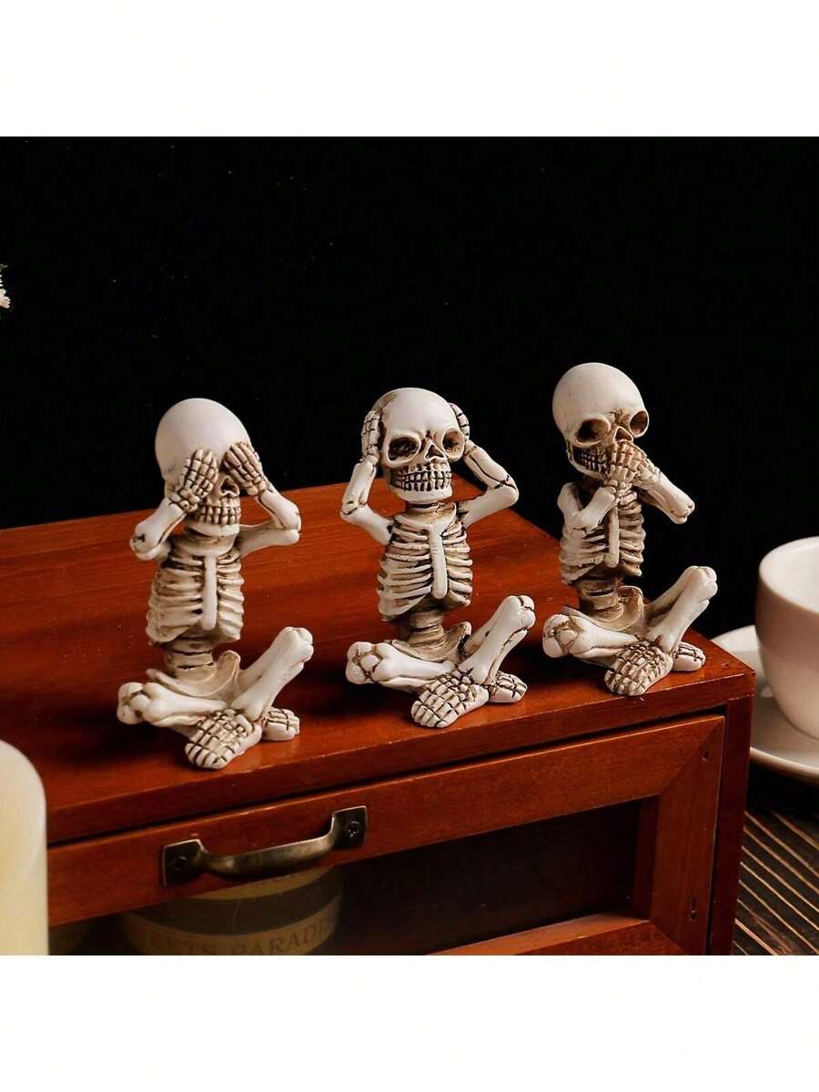 1 set de 3 pièces Décoration d'Halloween pour la maison, Squelette ne voit pas le mal, n'entend pas le mal, ne parle pas le mal. Convient pour le bureau, le salon, la chambre, la décoration d'ambiance du bureau de bar. Figurines en résine artisanales à collectionner, ensemble cadeau créatif.