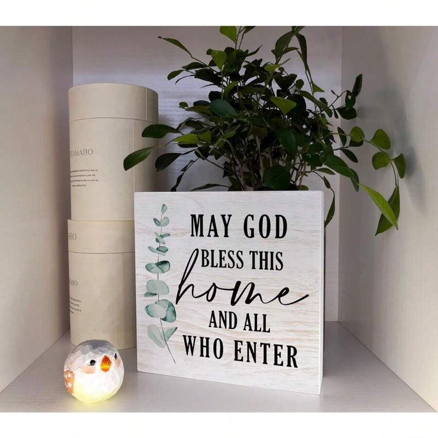 1 Stück Christlicher Holz Inspirationsbox Schild, PVC Religiöse Tischdekoration, Gott segne dieses Heim und alle, die es betreten, rustikaler Eingangsbereich spirituelle Kunstdekoration
