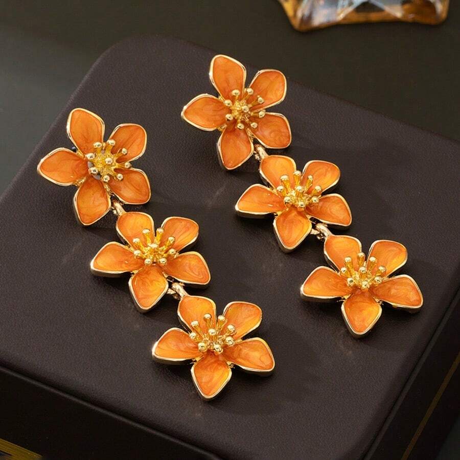1 par de pendientes con colgante de flor de goteo naranja inspirado en la dopamina para mujeres (sin caja de regalo)