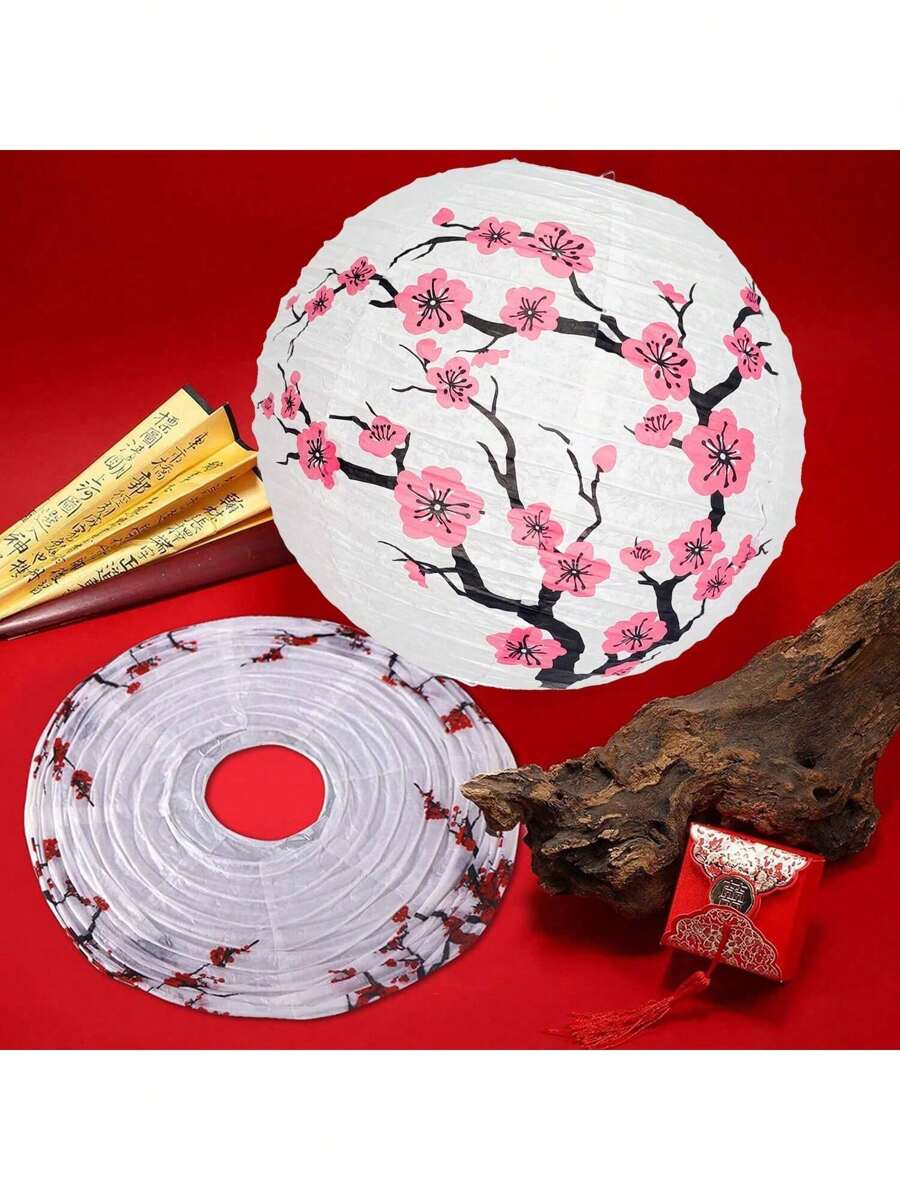 3pcs/5pcs Set Of Plum Blossom Lantern, Cherry Blossom Hanging Paper Lantern, Crane Lantern (Excluding Light), Decor For Oriental Chinese Restaurant, Japanese Home, Wedding Party, New Year, Birthday, Bathroom Hanging
