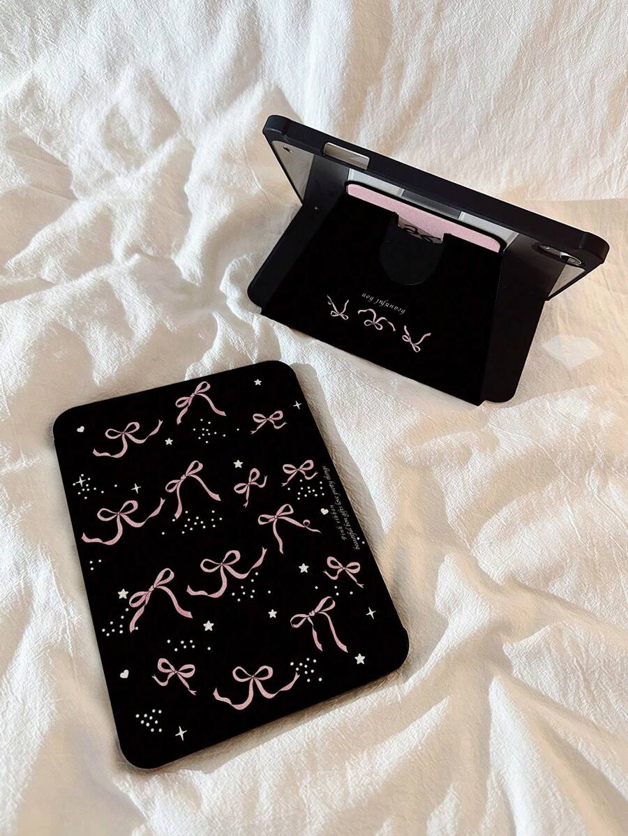 1 pièce Étui de protection arrière en acrylique transparent avec slot pour stylet, imprimé rose élégant avec nœud, avec rotation à 720°, compatible avec iPad, anti-chute