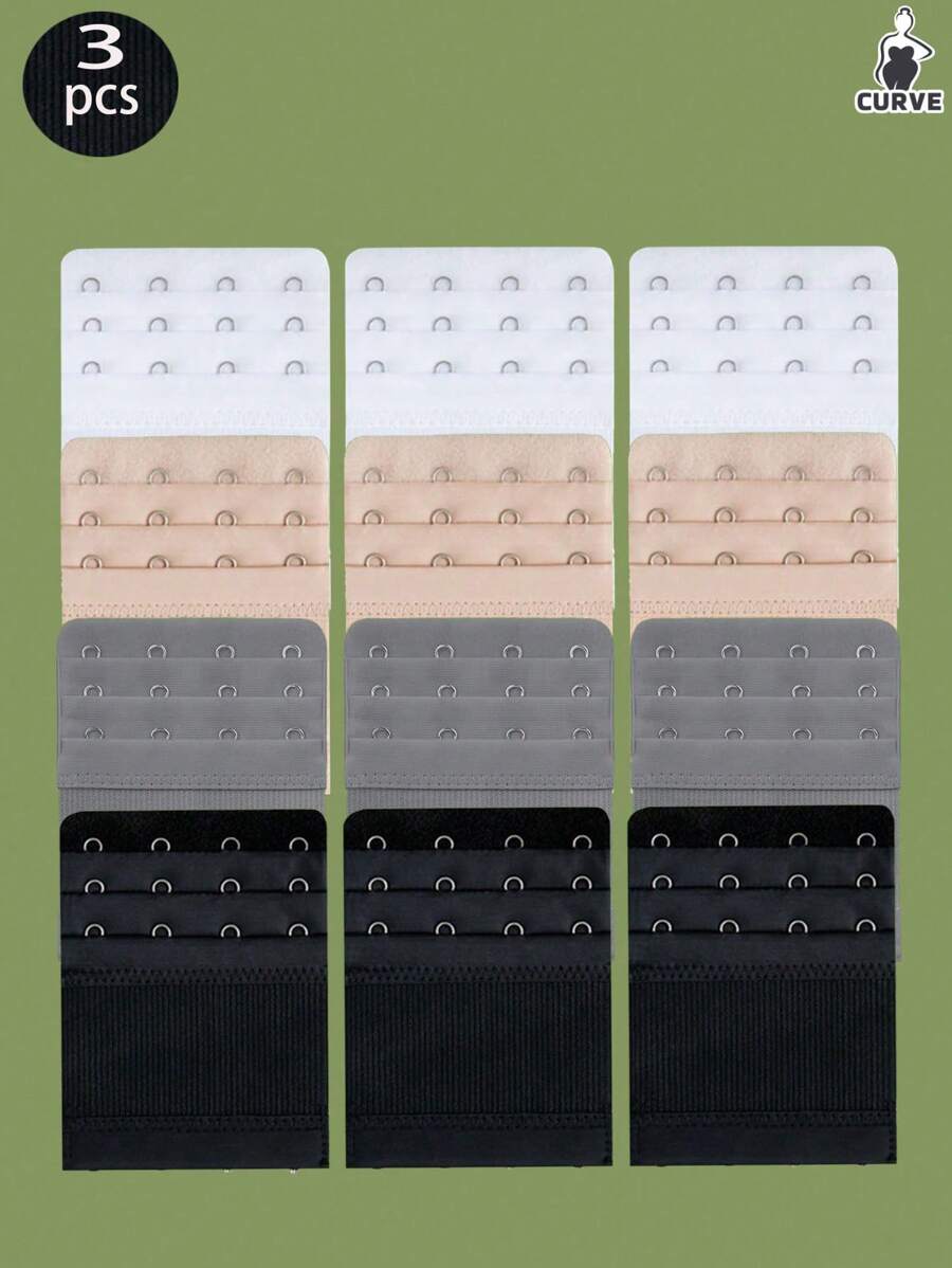 3pcs/Pack Women's Bra Elastic Extension Hooks With 3 Rows Of 3 Hooks + 2 Rows Of 3 Hooks In 3 Colors