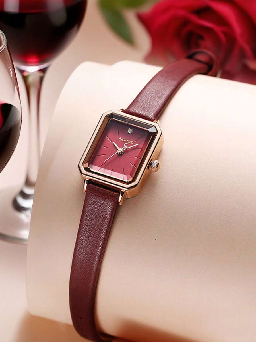 POMAR Fashionable Retro Rectangular Watch With Wine Red Dial And Diamond Markings - Leather Strap, Watch For Women