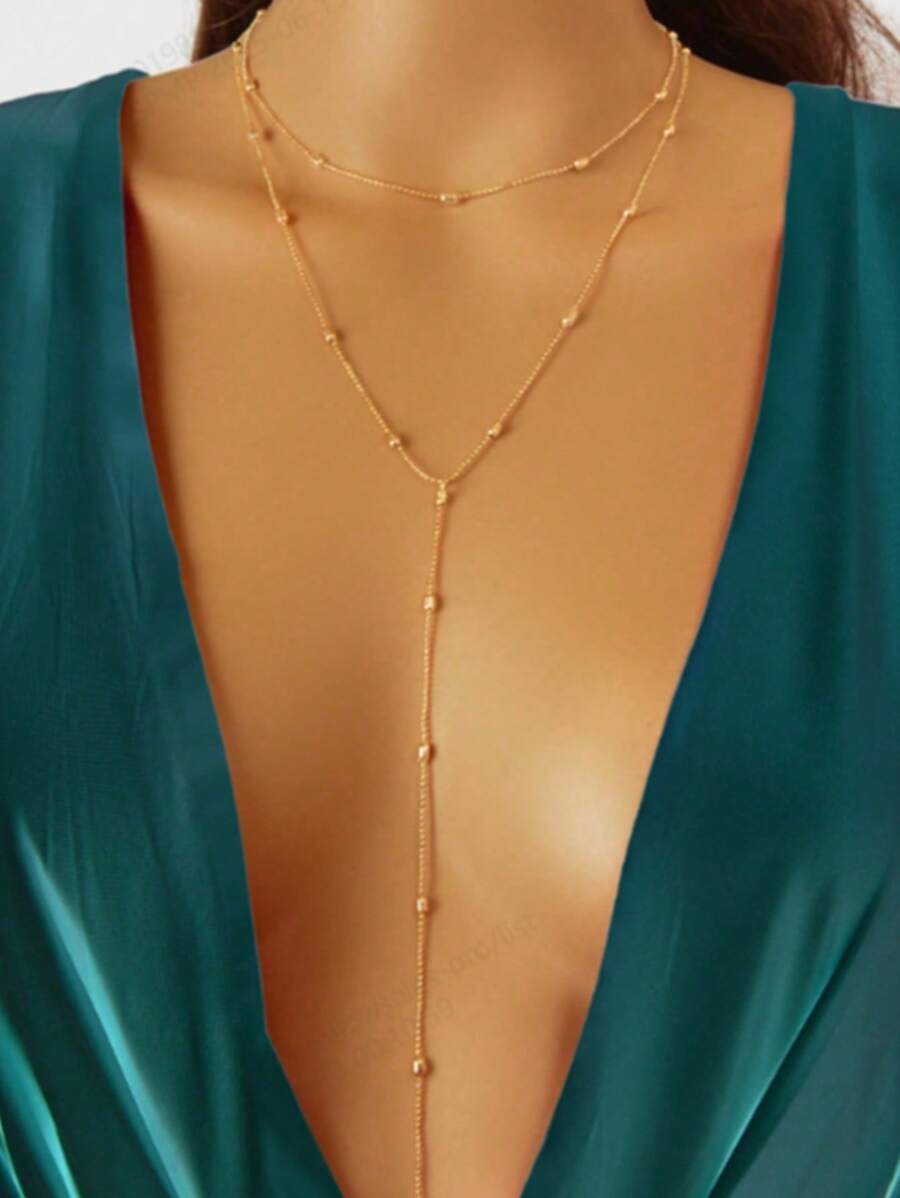 1 pieza Collar de doble capa con cadena y cuentas de metal tono dorado, sexy