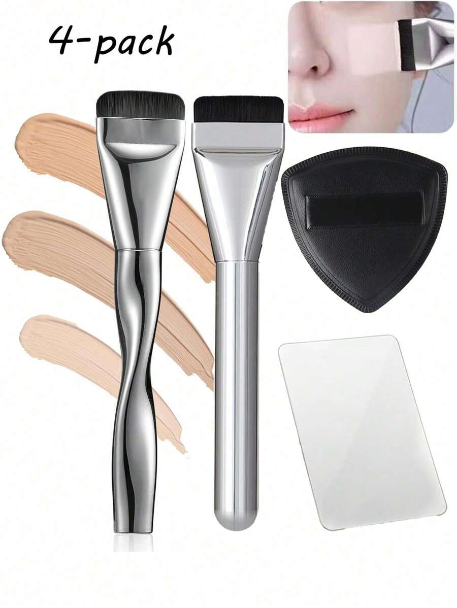 Traceless Flat-Head Foundation Brush, Ultra-Thin Foundation 4-In-1 Liquid Foundation Artifact Powder Puff, Professional Multi-Purpose Eyebrow Brush With 3D Effect, 1 Large Makeup Powder Puff + 2 Smooth Foundation Brushes + 1 Large Palette, Straight-Shaped Foundation Brush, Mask Brush, Flat-Head Liquid Foundation Brush, Thin, Traceless And Powder-Free Makeup Brush, 1/2/3/4-Piece Makeup Brush Set
