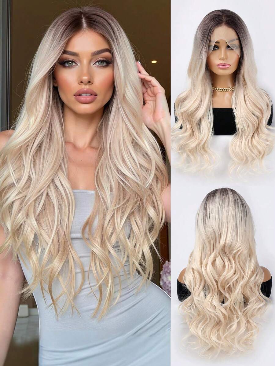 613 Blonde 13x4 Lace Front Wigs Body Wave Synthetic Hair Wig Long Beach Water Wave Hair Wig Honey Blonde Brown Silver Hair 26Inch 180% HD Lace Glueless Wig Women Daily Use