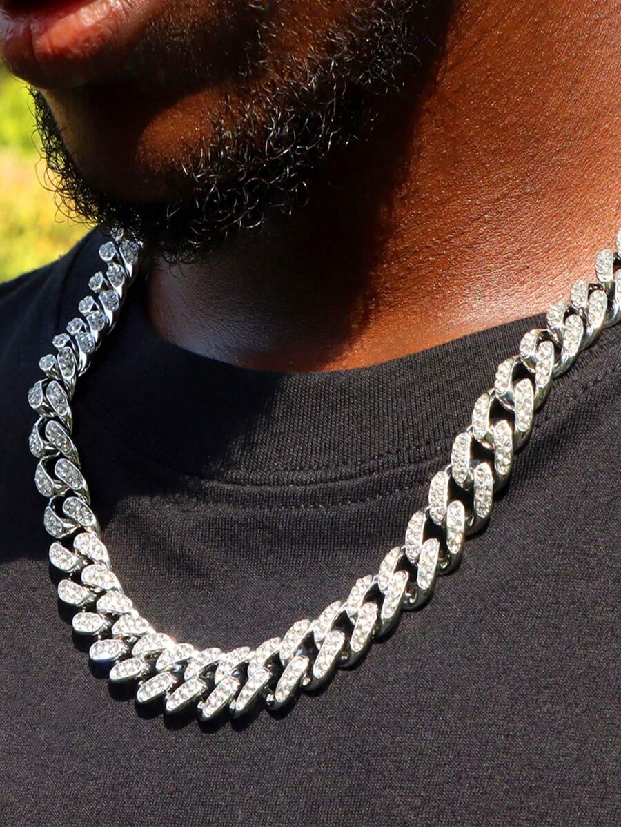 HipHop Men Women 13MM Prong Cuban Link Chain Necklace Bling Iced Out 2 Row Rhinestone Paved Miami Rhombus Cuban Necklace Jewelry