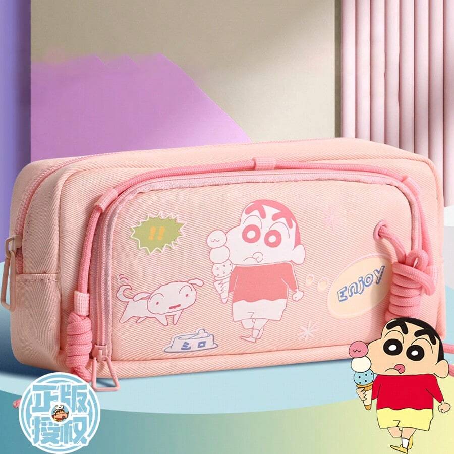 CRAYON SHINCHAN Estojo oficial Crayon Shin-Chan de 1 peça, design multicamadas de grande capacidade, feito de tecido de qualidade, impressão nítida, armazenamento compartimentado, material escolar essencial, estojo para lápis, mochila escolar