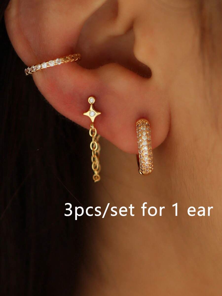 Set de 3 piezas de aretes con estrella y circonita cúbica brillante con cadena, perfectos para uso diario y looks de fiesta para mujeres