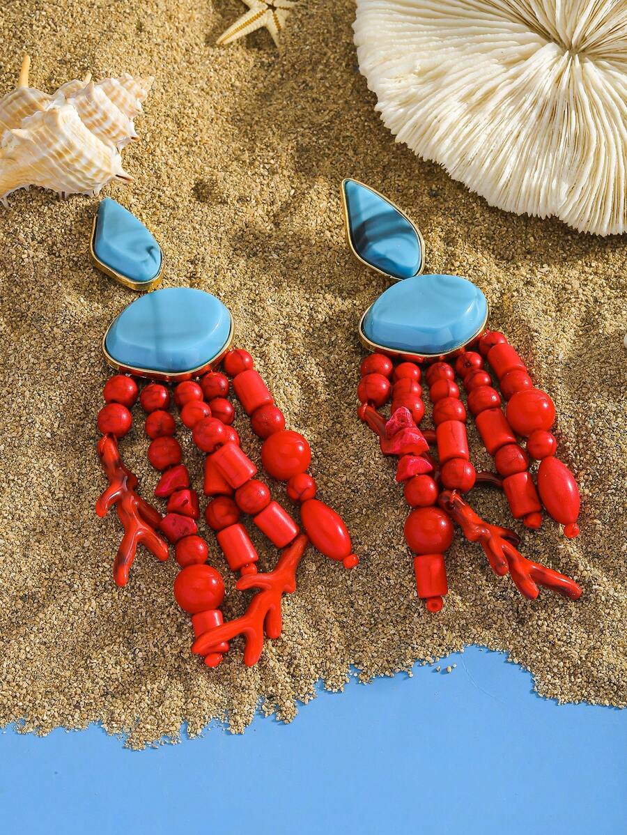 1 Pair Handmade Beaded Bohemian Style Pendant Earrings, Fashion Colorful Resin Coral Drop Earrings Jewelry, Suitable For Women Daily Casual, Party, Holiday, Beach