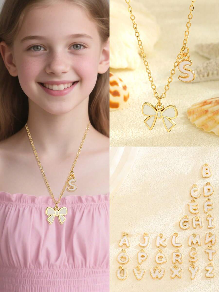 1pc Cute Exquisite Elegant White Bow 26 English Initials Zinc Alloy Double Pendant Gold Necklace Clavicle Chain, Suitable For Children, Girls, Family, Friends, Summer, Travel, Street Fashion Single Item Jewelry, Suitable For Daily Decoration, Holiday Birthday Gift, Children's Jewelry