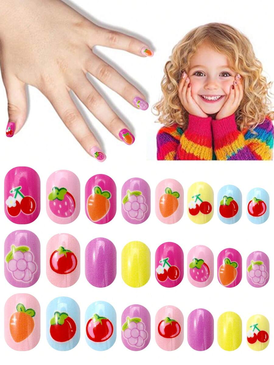 NAIO 24 Pieces Kids Of Children's Press On Nail Stickers Naio Children's Artificial Nail Stickers Pre-Glued Full Coverage Short Acrylic Nails Suitable For Girls' Children's Nail Decoration (Fruit Party)