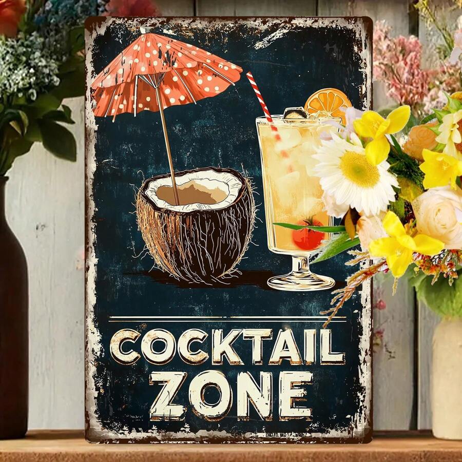 Un letrero metálico retro de "Zona de Cócteles" de 8x12 pulgadas, con un diseño tropical de coco y bebida, un arte de pared duradero adecuado para decoración del hogar, oficina, bar o cafetería, para uso interior/exterior, decoración de bar, perfecto para decoración de habitación.