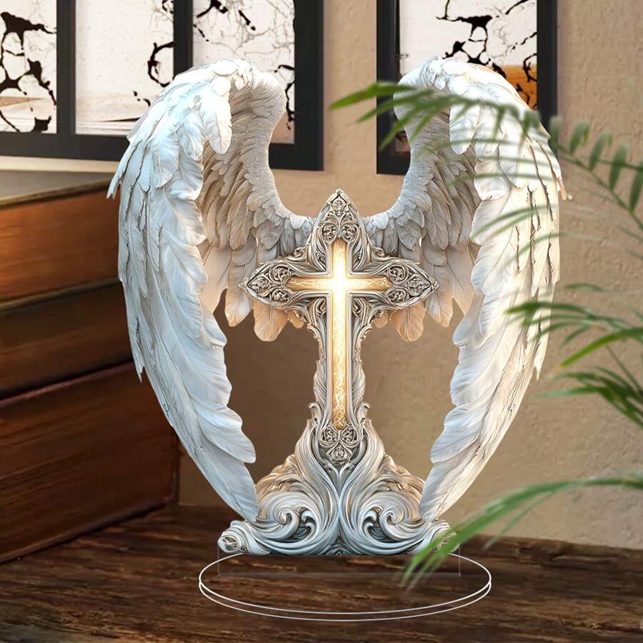 1pc Bohemian Style Acrylic Angel Wing Cross Decoration - 2D Desktop And Window Display Decor, No Electricity Needed, Suitable For Various Room Types, Gift And Sun Catcher, Random Style