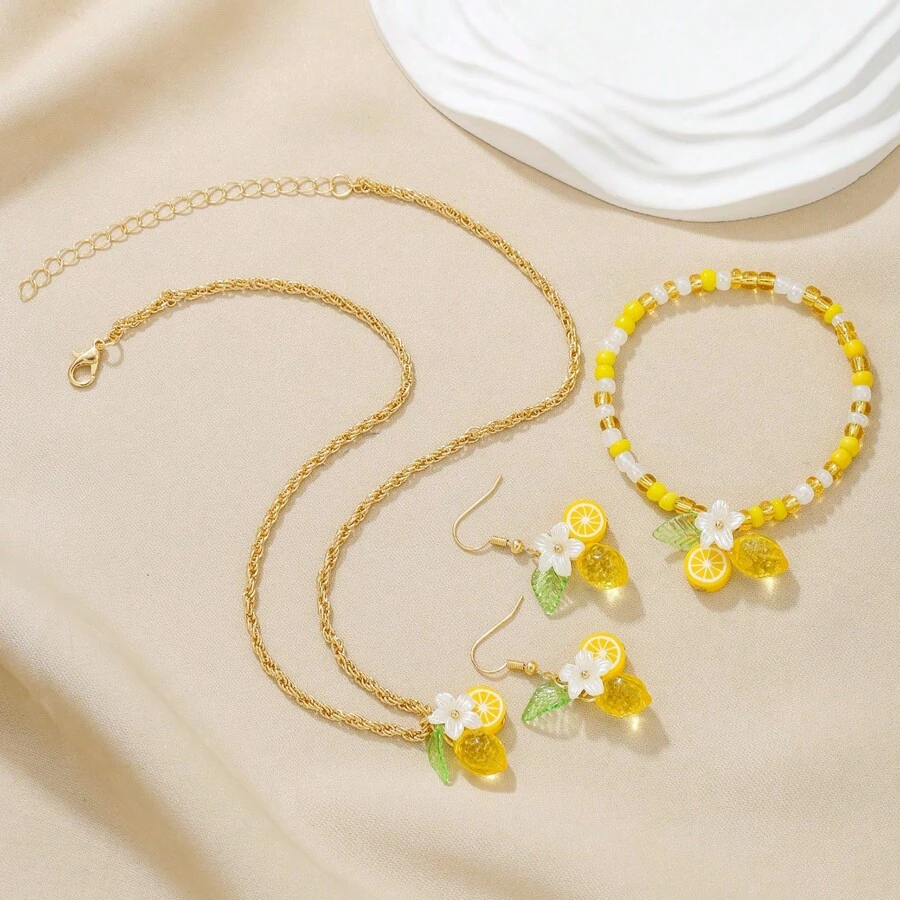 1 Set Candy Color Heart Pendant Necklace, 1 Bracelet, 2 Earrings, Versatile Women Jewelry Gift