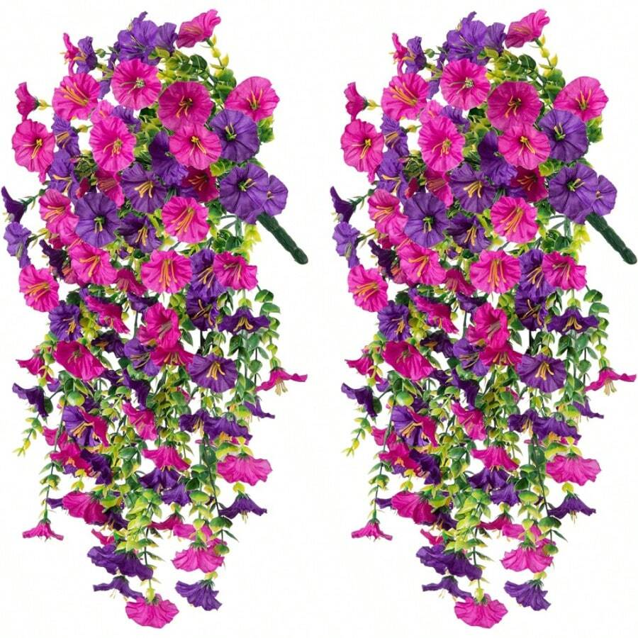 1/2pcs 17.7inch Artificial Hanging Flowers Fake Plants Outdoor, Summer Decor, Fall Decor Morning Glory Faux Flowers With Eucalyptus Leaf, Artificial Hanging Flowers Fake Plants Outdoor,Silk Blend In Mixed Colors, Suitable For Wedding, Home, Office, Garden Decor, Lifelike Artificial Eucalyptus Leaves, UV Resistant, Ideal For Wedding Arches, Walls, Gardens, Bedrooms, Outdoor Events And Parties