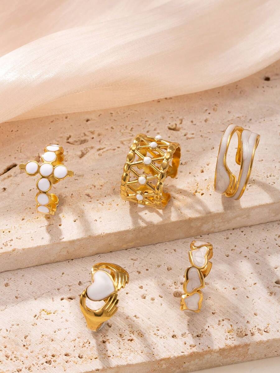5pcs Luxury Stainless Steel Asymmetrical Hollow Heart Shaped Enamel Decor Rings Set, Suitable For Men & Women Daily, Festivals, Vacation, Dating, Wedding Engagement Gift, Matching Accessories