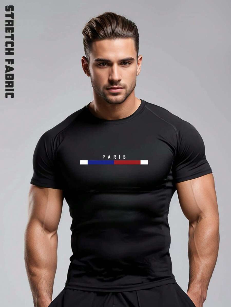 Camiseta deportiva de secado rápido con temática de París para hombres - a rayas blancas y rojas, ajuste muscular elástico, ropa deportiva ligera de alto rendimiento para correr, gimnasio y actividades al aire libre, transpirable de poliéster-spandex, lavable a máquina