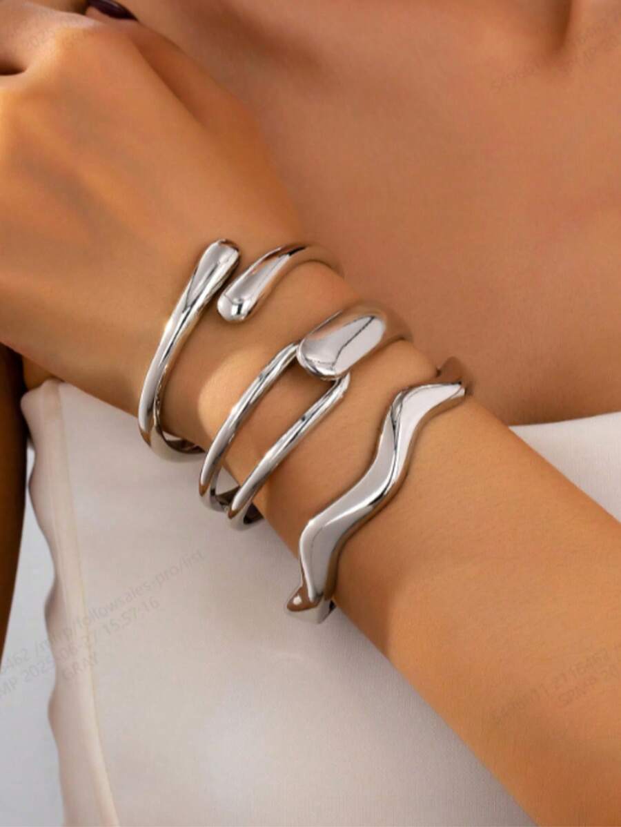 3 pièces Set de bracelets bambous géométriques asymétriques en métal lourd et minimaliste
