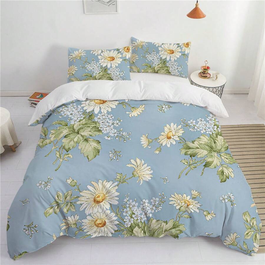 Conjunto de ropa de cama estilo pastoral (1*Funda nórdica + 1/2*Funda de almohada, sin relleno), Conjunto de ropa de cama con estampado de margaritas azules frescas, Suave, cómodo y transpirable, Conjunto de ropa de cama de microfibra lavable para dormitorios y habitaciones de invitados