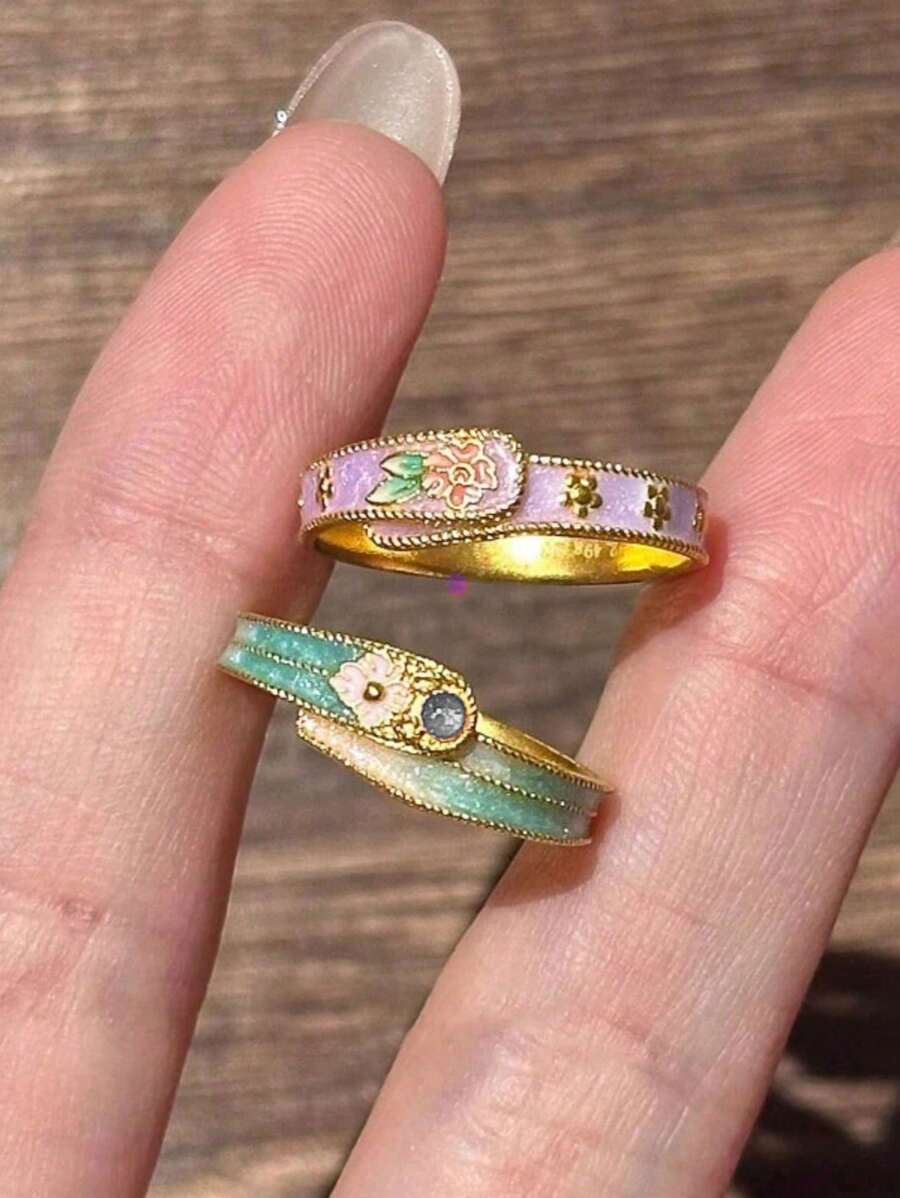 1 peça anel delicado com estampa de flor de pêssego, esmalte chinês retrô popular, colorido e brilhante