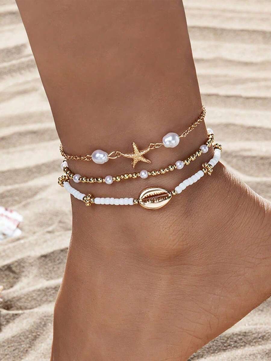 Conjunto de tornozeleiras femininas com 3 peças de conchas de estrela do mar e contas de vidro