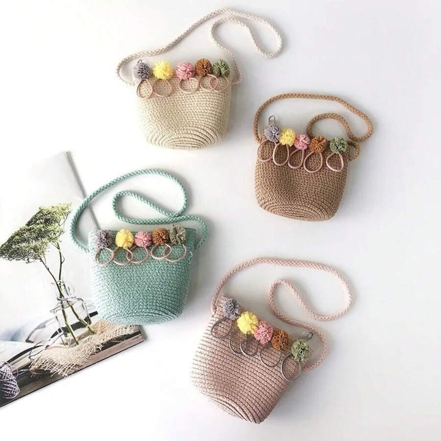 Kids Straw Messenger Bag Summer Cute Flower Girls Shoulder Bags Sweet Princess Handbag Casual Beach Toddler Crossbody Bags
