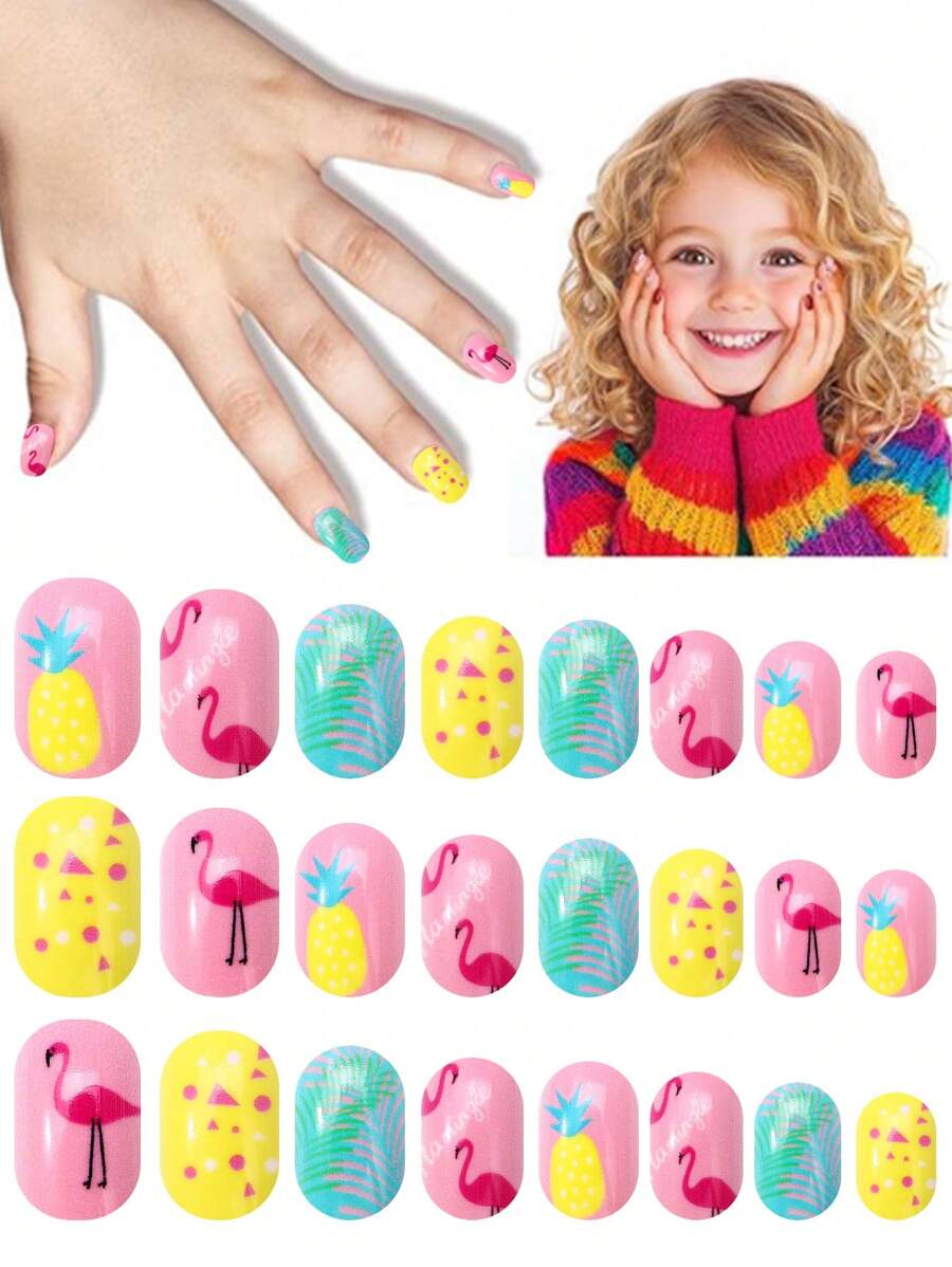 NAIO 24 Pieces Kids Of Children's Press On Nail Stickers Naio Children's Artificial Nail Stickers Pre-Glued Full Coverage Short Acrylic Nails Suitable For Girls' Children's Nail Decoration (Peacock Spreads Its Tail)