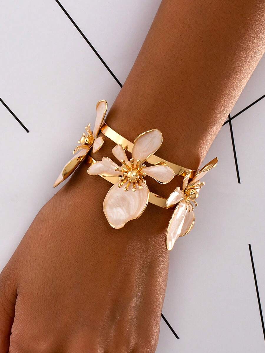 1 pieza Brazalete abierto con floral esmaltado, minimalista y elegante para mujer, versátil para usar a diario