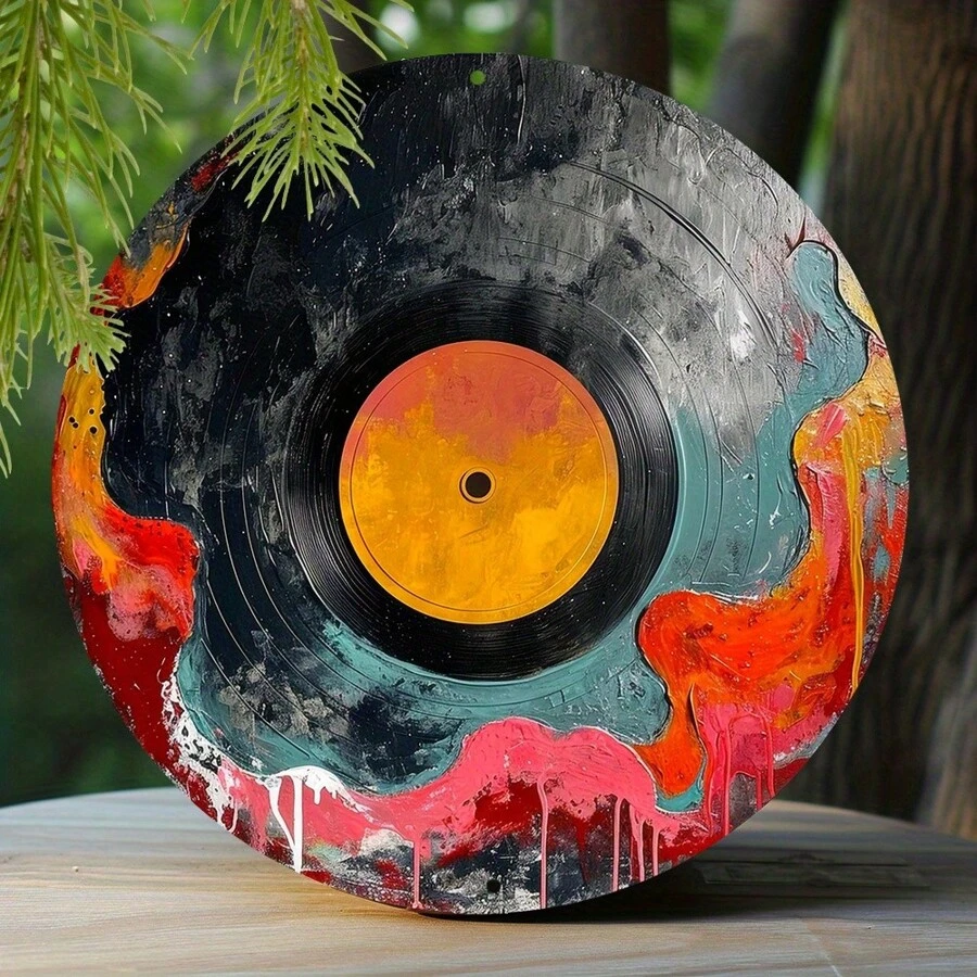 1 pieza Decoración de pared de metal con tema de disco de vinilo negro, placa decorativa redonda de metal de 8 pulgadas, impresión de alta definición, resistente a la intemperie, con agujeros previamente perforados, sin electricidad, adecuada para la entrada del hogar y la decoración de Acción de Gracias - Estilo de agujero aleatorio