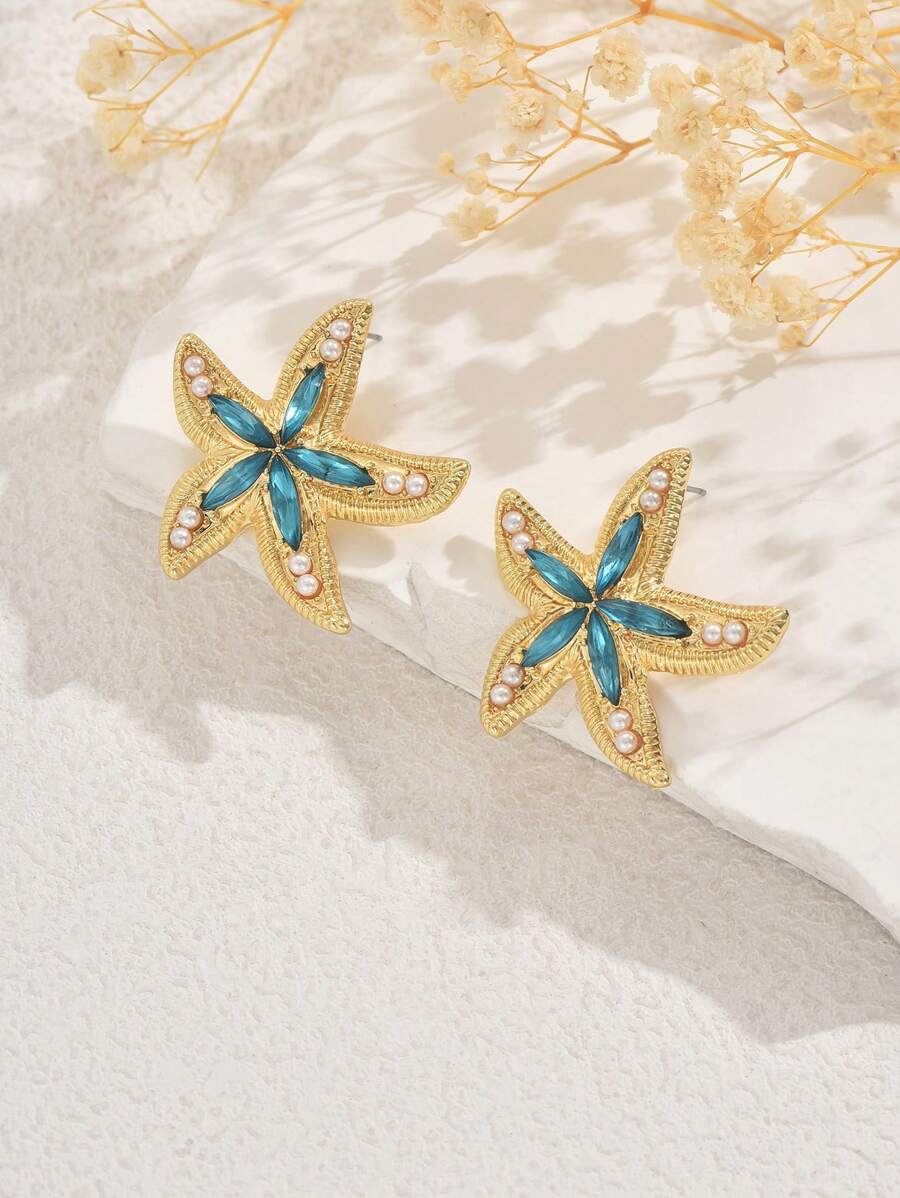 1 par de brincos de estrela do mar Ocean Element para mulheres, brincos de pérola de vidro estilo praia, presente para melhor amiga