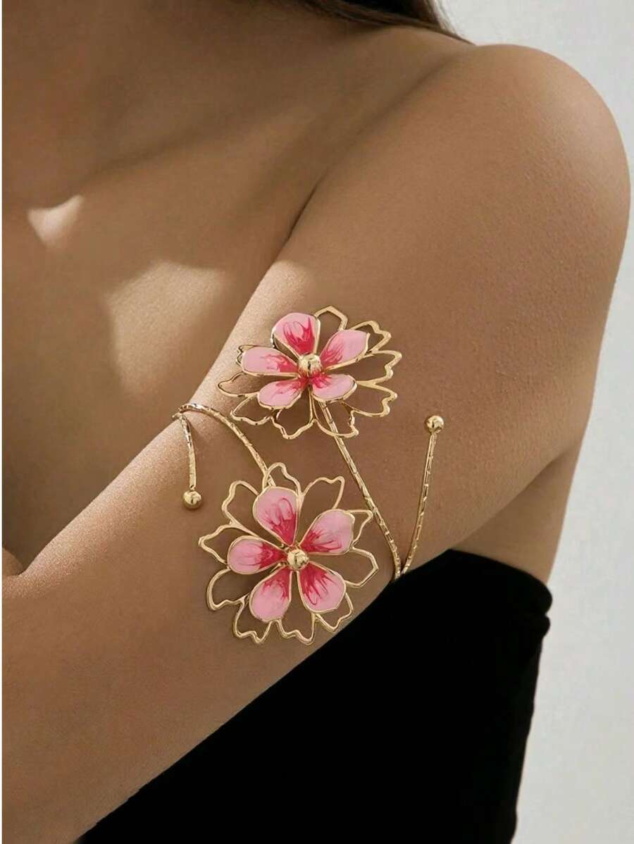 1pc Fashionable Elegant Simple Iron Alloy Double Head Enamel Glazed Floral Cuff Bracelet, Charming Jewelry Suitable For Women Daily Wear, Gatherings And Social Events
