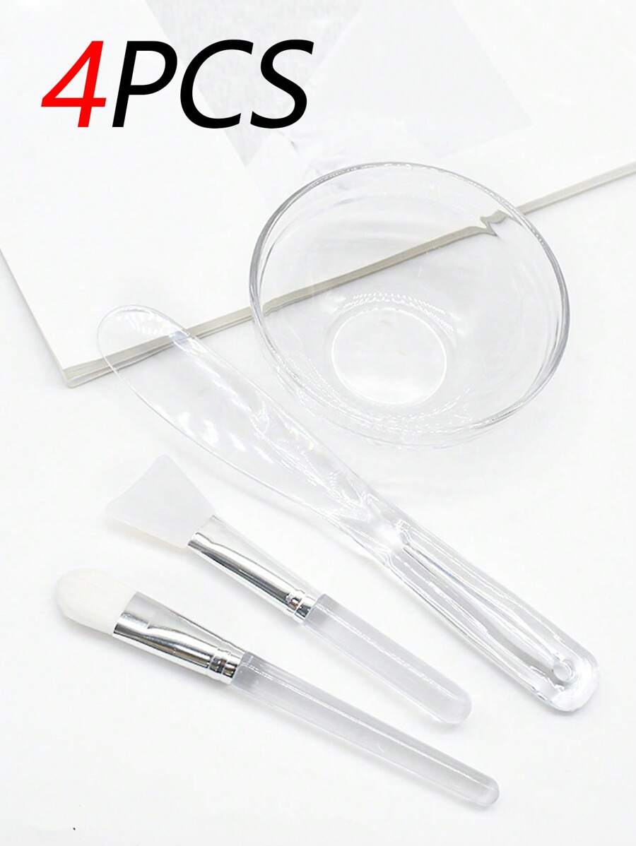 4/1pc Transparent Glass Face Mask Bowl Set, Soft Bristle Silicone Brush Stirring Rod, Beauty Salon Dedicated Facial Care Spa Mask Mixing Tools