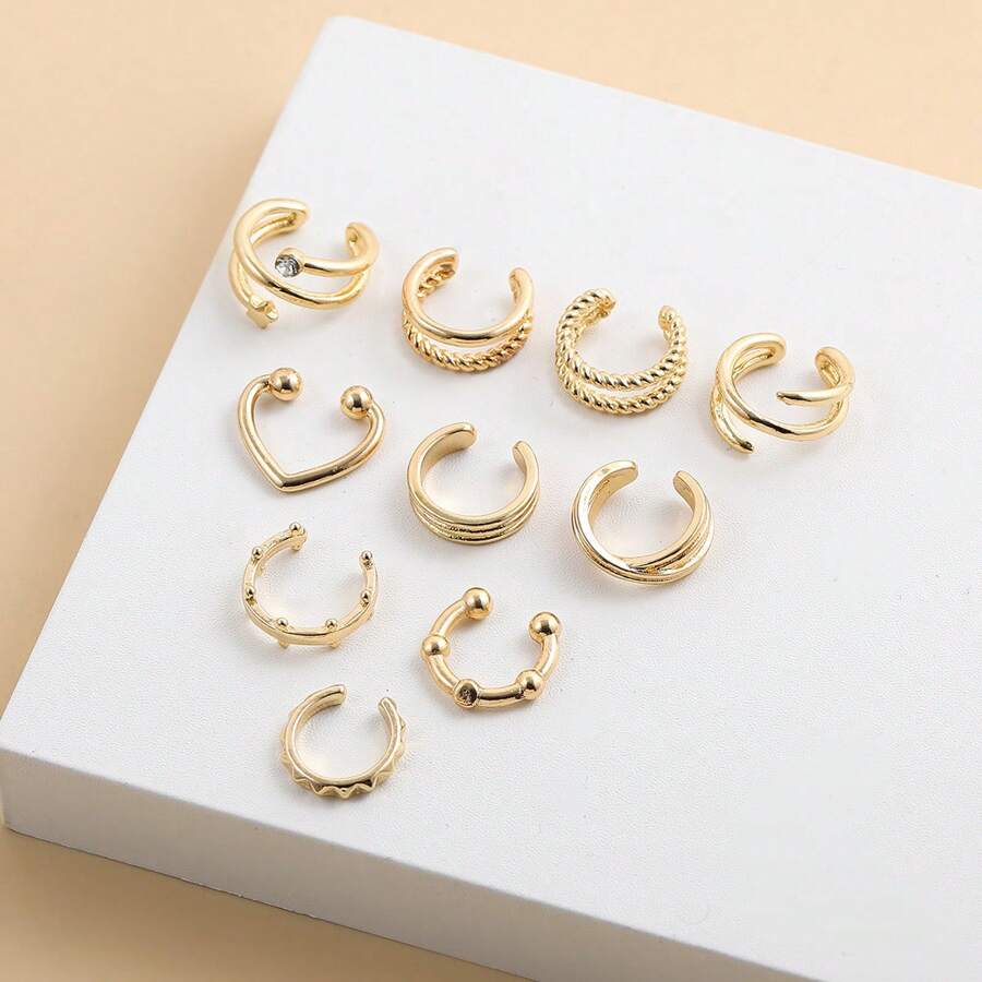10pcs Set Minimalist C Letter Ear Cuffs Without Piercing, European Style Cross-Border Fashionable