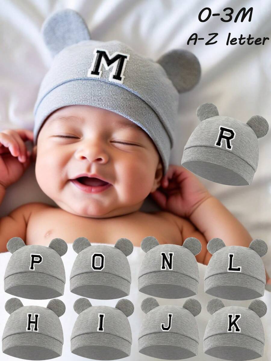1 pezzo Cappellino da neonato con orecchie di orsetto e 26 lettere, berretto morbido per bambine e bambini in colore unito, copricapo per bambini piccoli, ideale per foto neonati 0-3 mesi