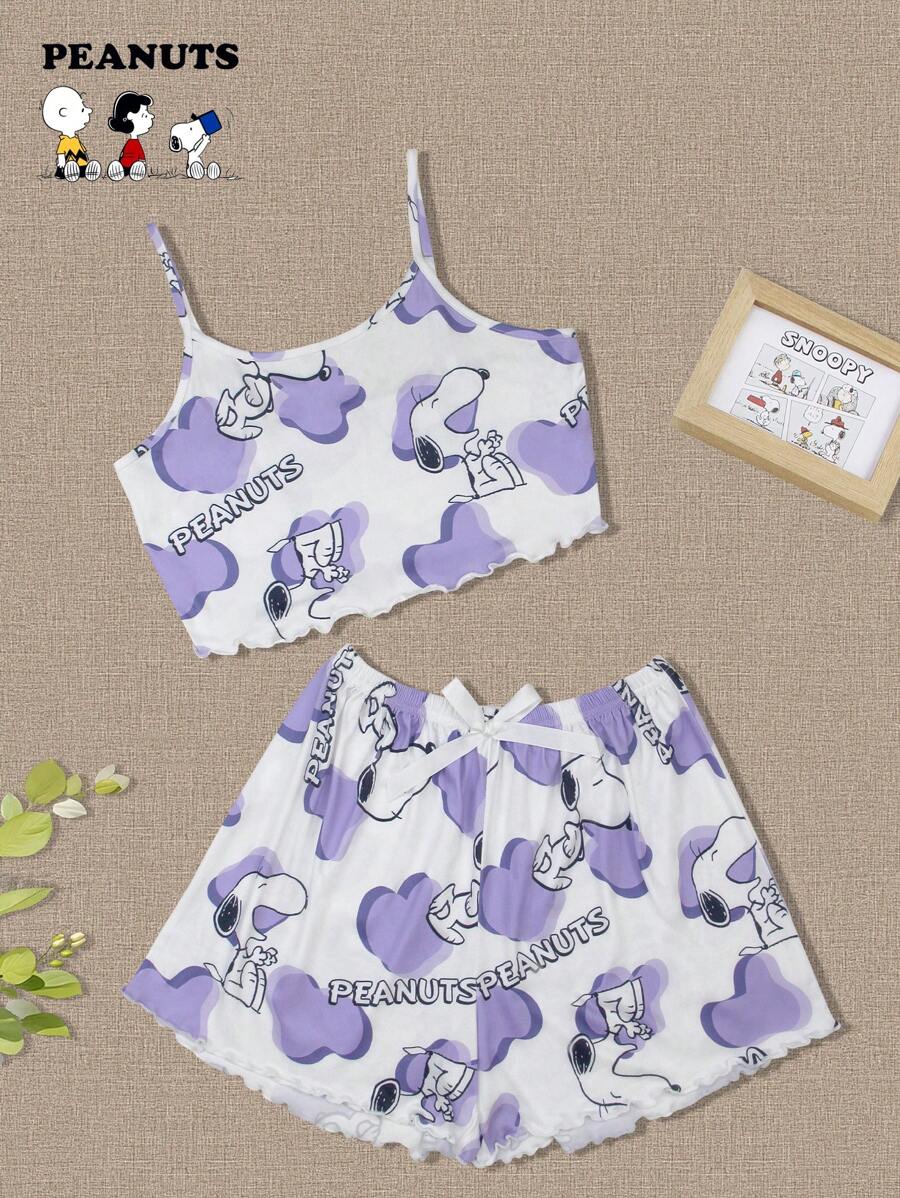 SNOOPY Authorized PEANUTS Snoopy Summer Sweet Cartoon Graphic Top & Shorts Women's Summer Cute Style Pajama Two Pieces Set Outfit