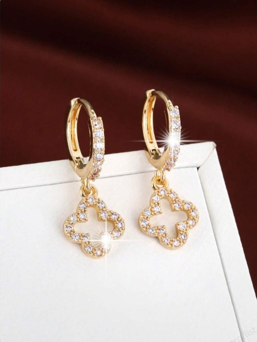 1 Pair Copper Cubic Zirconia Luxury Stud Earrings, Elegant Minimalist Hollow Flower Star Design Dangle Earrings