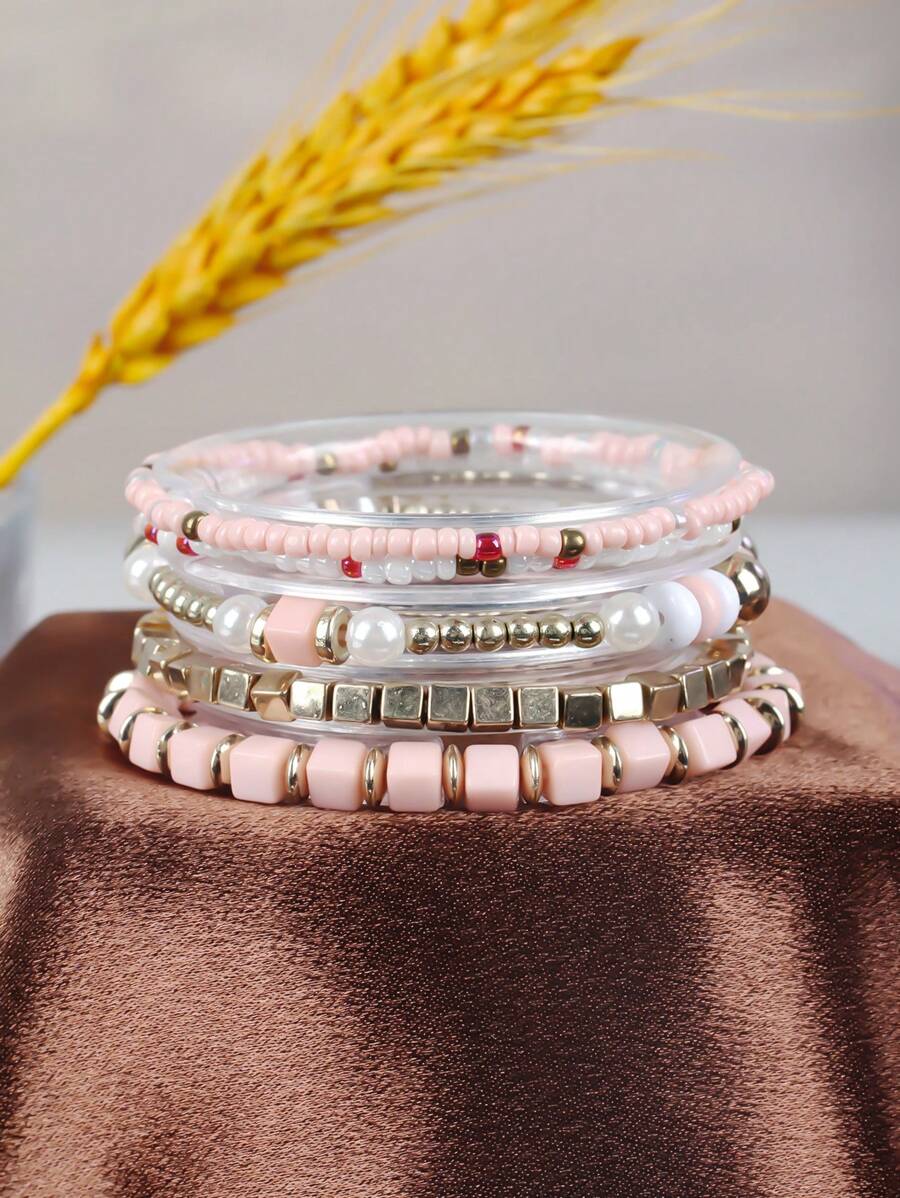 5pcs Bohemian Style Multi-Color Beaded Vacation Travel Souvenir Bracelet, Suitable For Women For Dating, Holiday, Casual Outfit, Valentine's Day Decoration
