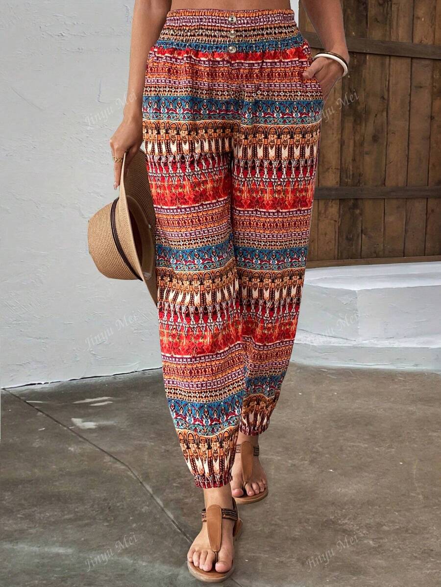 Pantaloni lunghi da donna con coulisse in vita e tasche, pantaloni casual alla moda con stampe