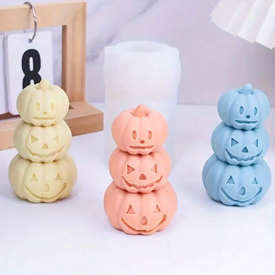 1 pieza Molde de silicona con forma de calabaza de 3 piezas, decoración del hogar de calabaza apilada DIY, vela, adorno de yeso, decoración de fiesta de Halloween con calabaza de cara divertida, molde flexible y duradero para hacer velas