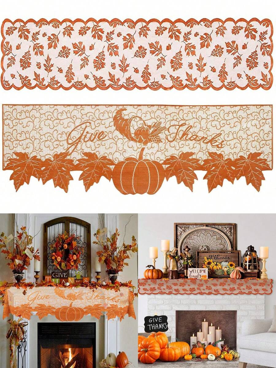 1/2 pièces Décoration d'automne pour la Thanksgiving, Couverture pour cheminée, Couverture de cheminée avec citrouille en dentelle orange, feuille d'érable, Décoration d'automne pour la maison, Décoration de cheminée pour la Thanksgiving