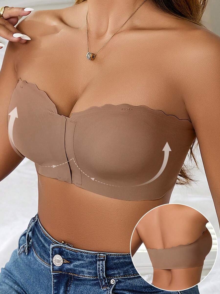 Sexy Comfort Push-Up Bandeau Bra Strapless For Women Front Closure Wireless Underwear Tube Top Wavy Edge No Show Bralette Bandeau Adjustable Scallop Trim Lingerie Breathable Everyday Lingerie & Underwear For Women