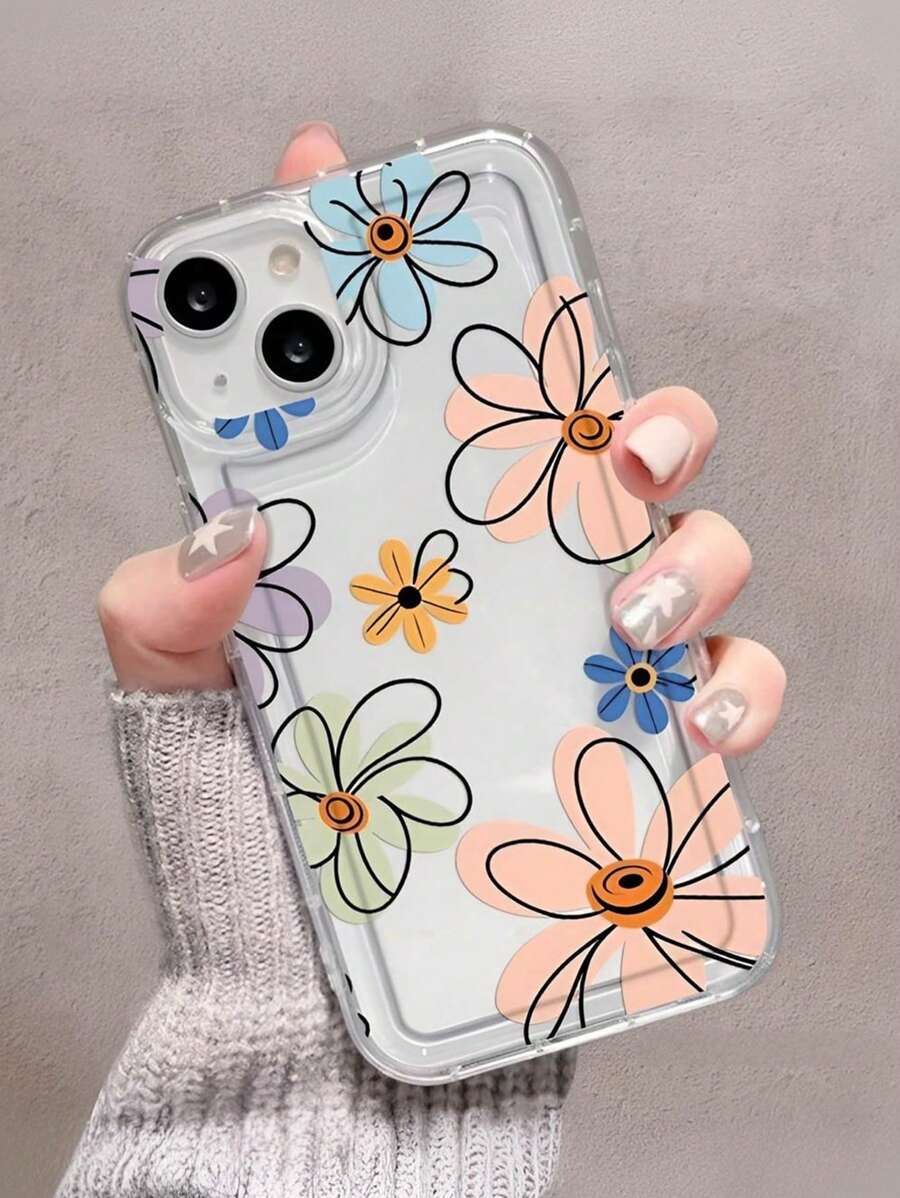 1 pieza Funda de teléfono a prueba de golpes de TPU con patrón floral transparente, adecuada para iPhone 16 Pro Max/15/14/13/12/11