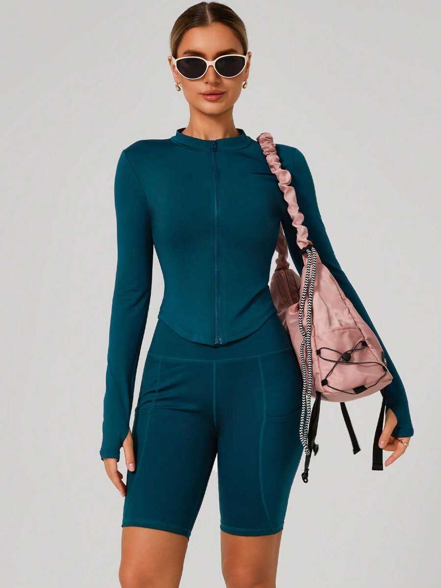 Women's Standing Collar Zipper Long Sleeve Yoga Jacket Tight Fit Quick Dry Yoga Clothing Outdoor Fitness Sports Tops Jacket Suitable For Fitness Workout Wear Fall